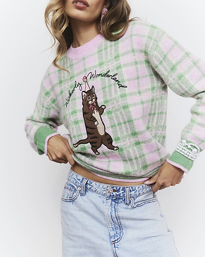 Green Check Cat Jumper