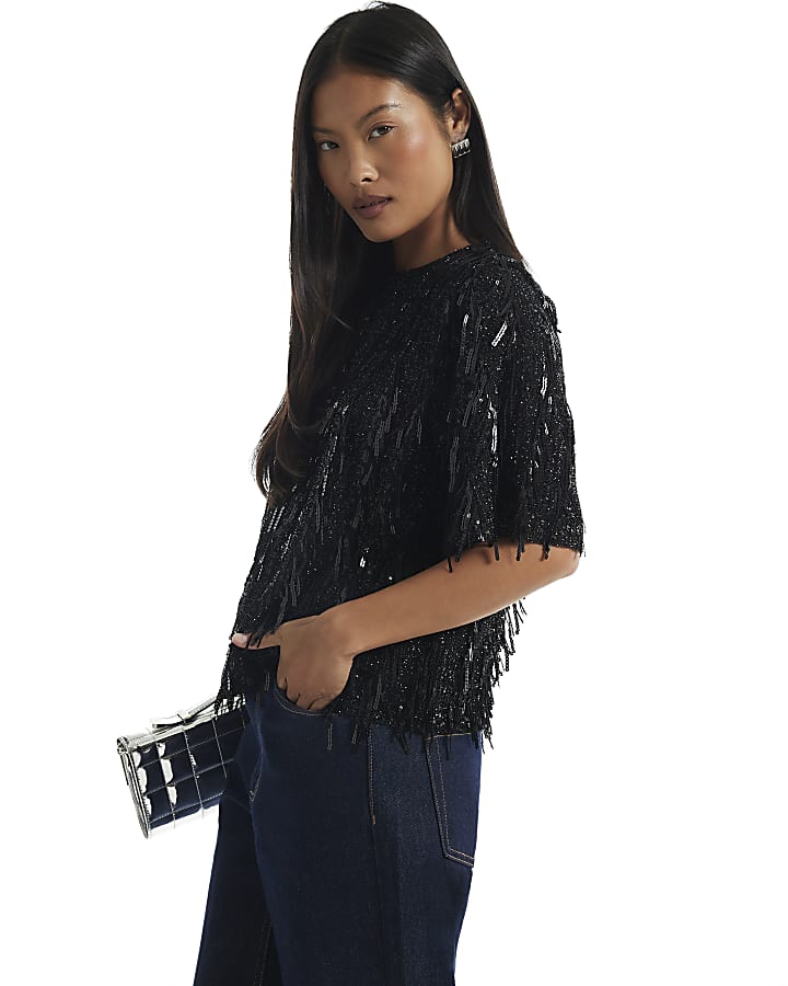 Petite Black Petite Sequin T-Shirt