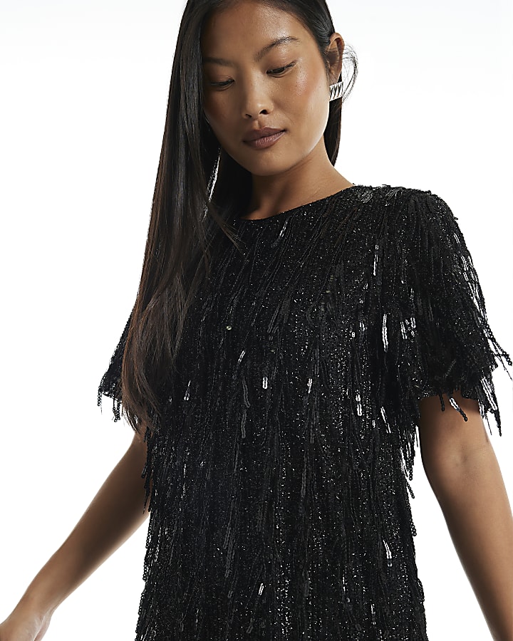 Petite Black Sequin T-Shirt Dress