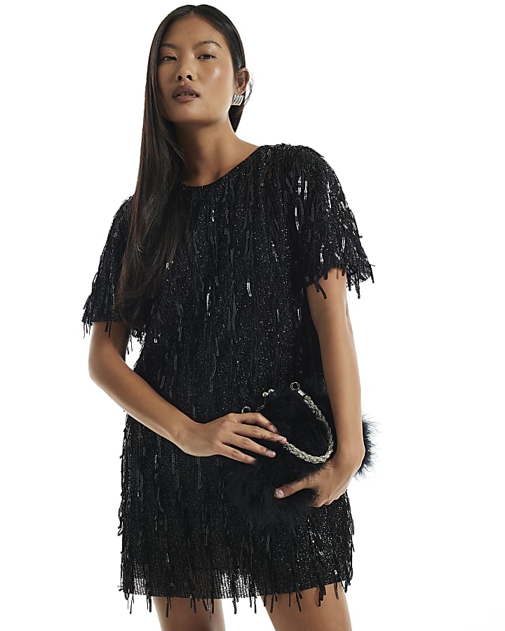 Petite Black Sequin T-Shirt Dress