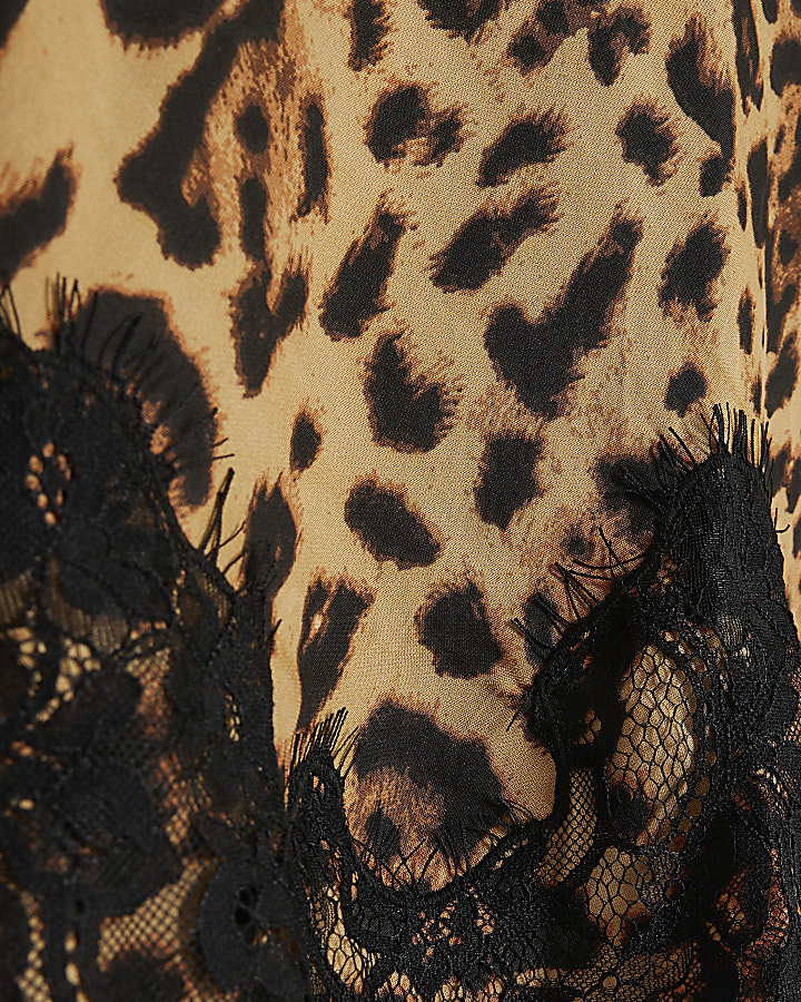 Petite Brown Leopard Lace Trim Slip Dress