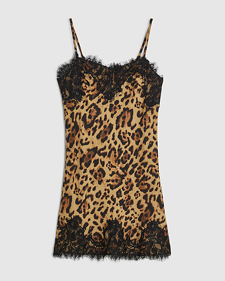 Petite Brown Leopard Lace Trim Slip Dress