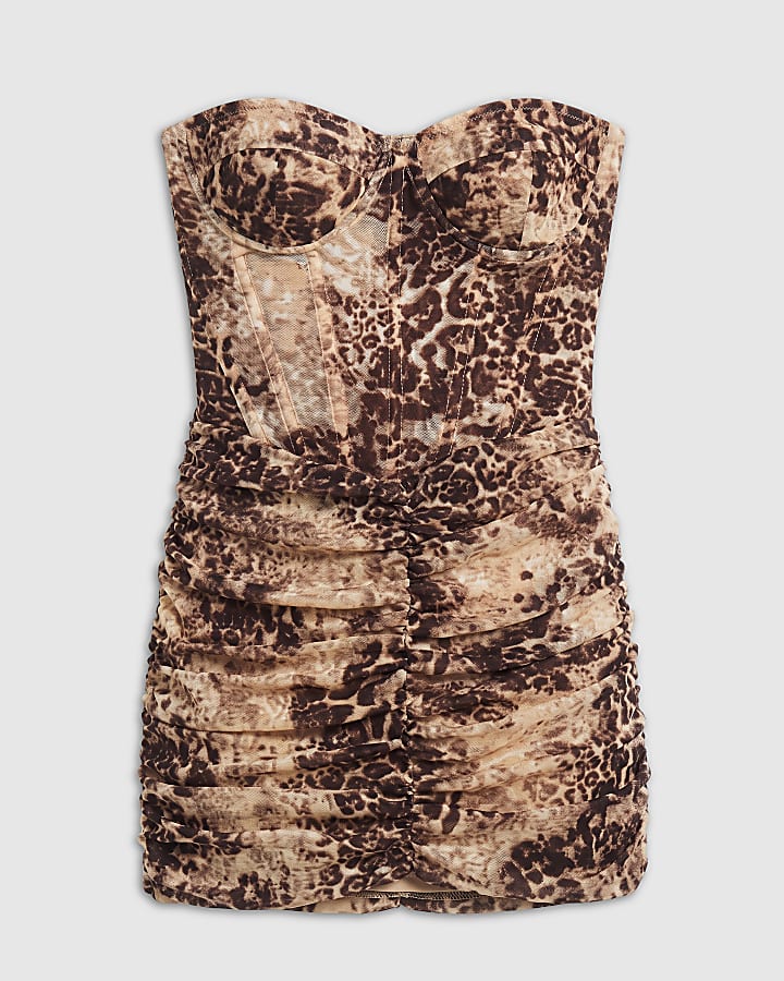 Brown Mesh Leopard Corset Bodycon Mini Dress