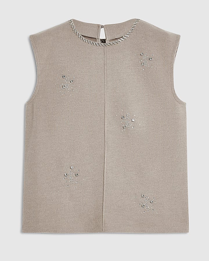 Beige Knitted Embellished Cosy Tank