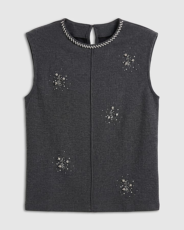 Grey Knitted Embellished Cosy Tank