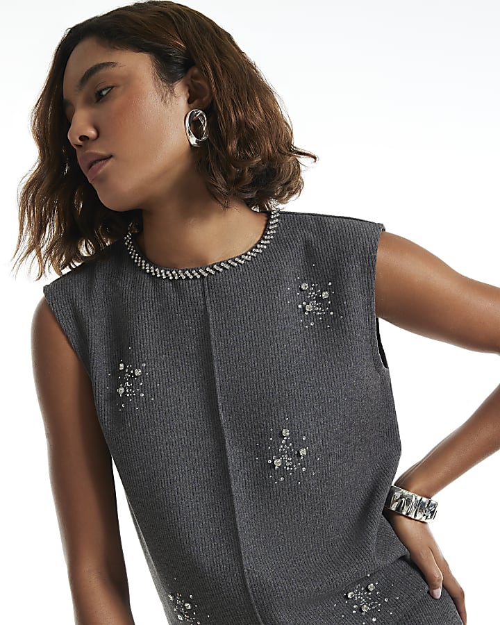 Grey Knitted Embellished Cosy Tank