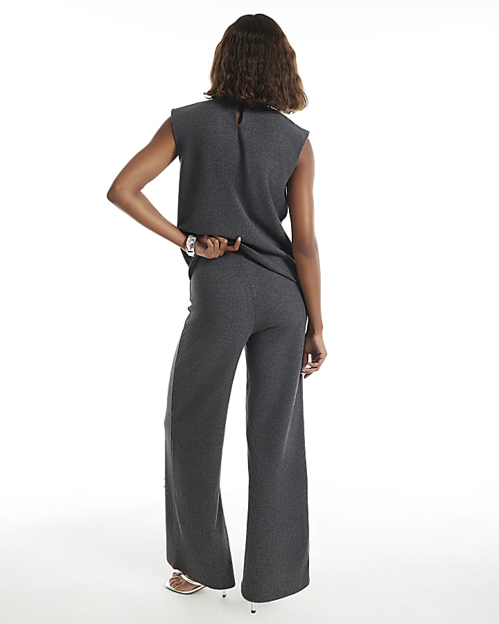 Grey Knit Embellished Cosy Wide Leg Trousers