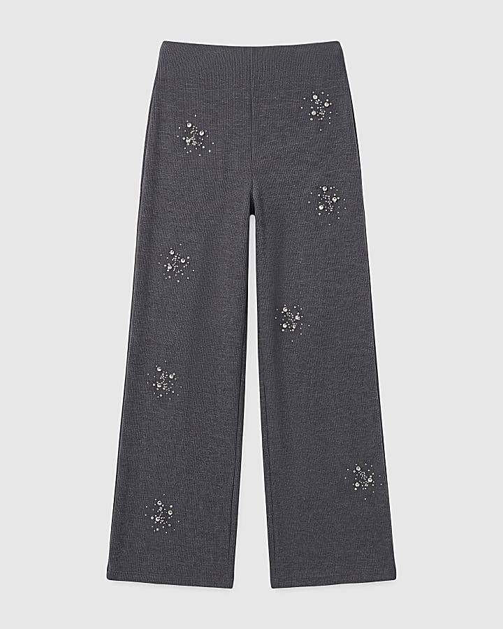 Grey Knit Embellished Cosy Wide Leg Trousers