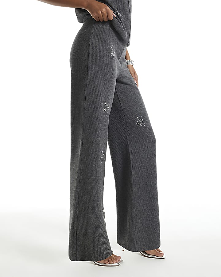 Grey Knit Embellished Cosy Wide Leg Trousers
