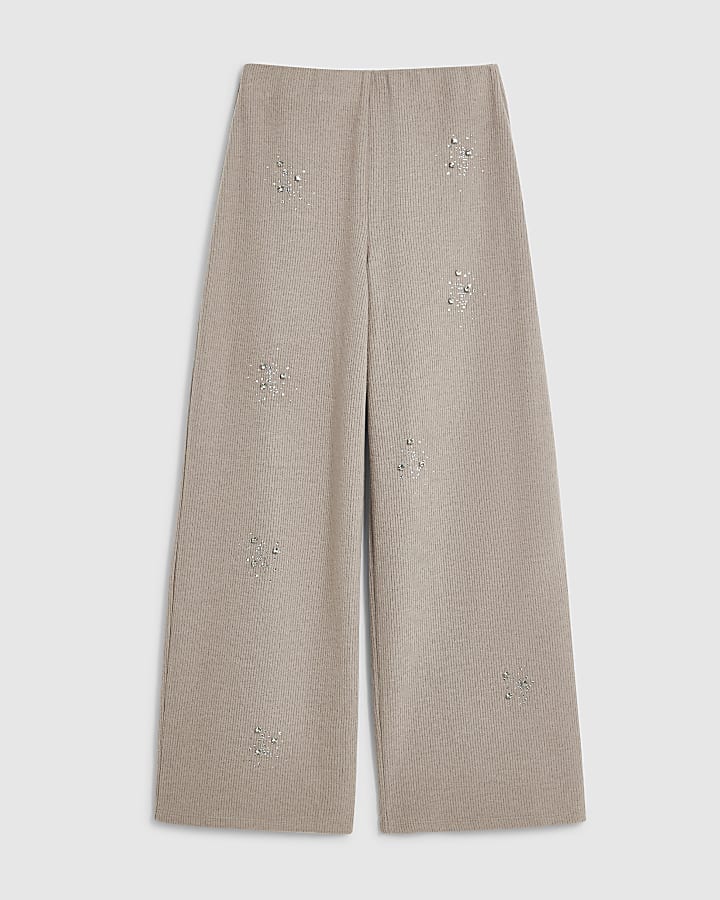 Beige Knit Embellished Cosy Wide Leg Trousers