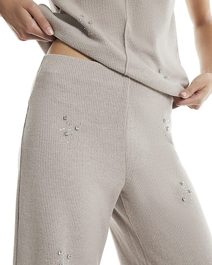 Beige Knit Embellished Cosy Wide Leg Trousers