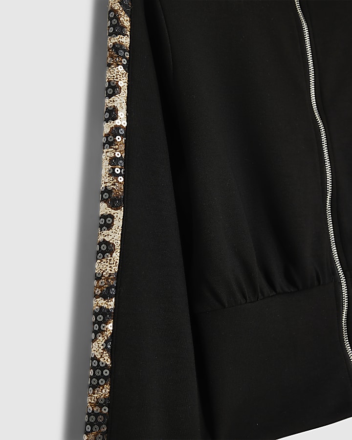 Black Leopard Sequin Zip Sweatshirt