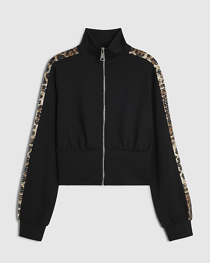 Black Leopard Sequin Zip Sweatshirt