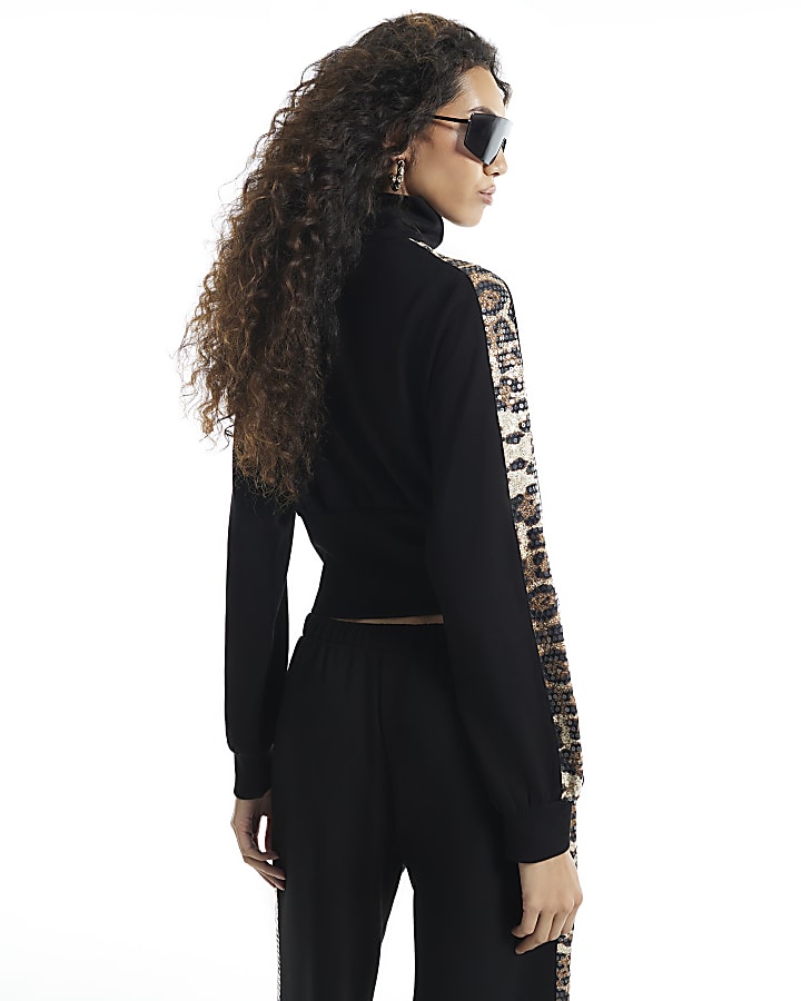 Black Leopard Sequin Zip Sweatshirt