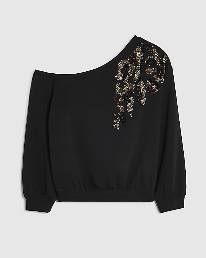 Black Sequin Off The Shoulder Sweatshirt