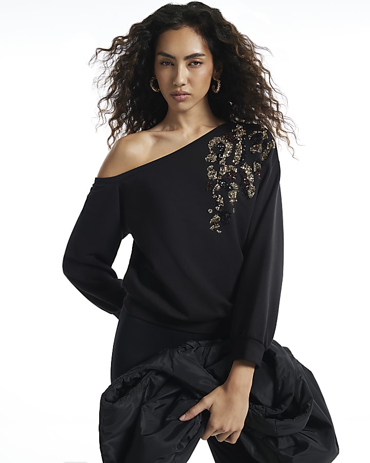 Black Sequin Off The Shoulder Sweatshirt