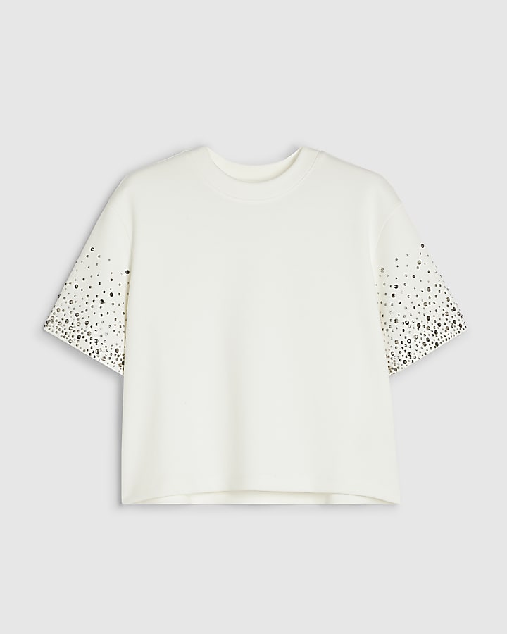 White Embellished Short Sleeve T-Shirt