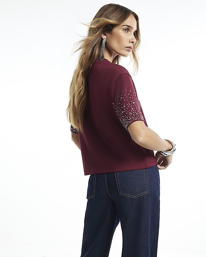 Burgundy Embellished Short Sleeve T-Shirt
