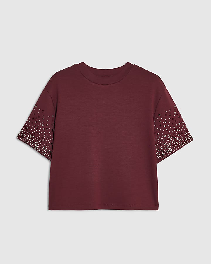 Burgundy Embellished Short Sleeve T-Shirt