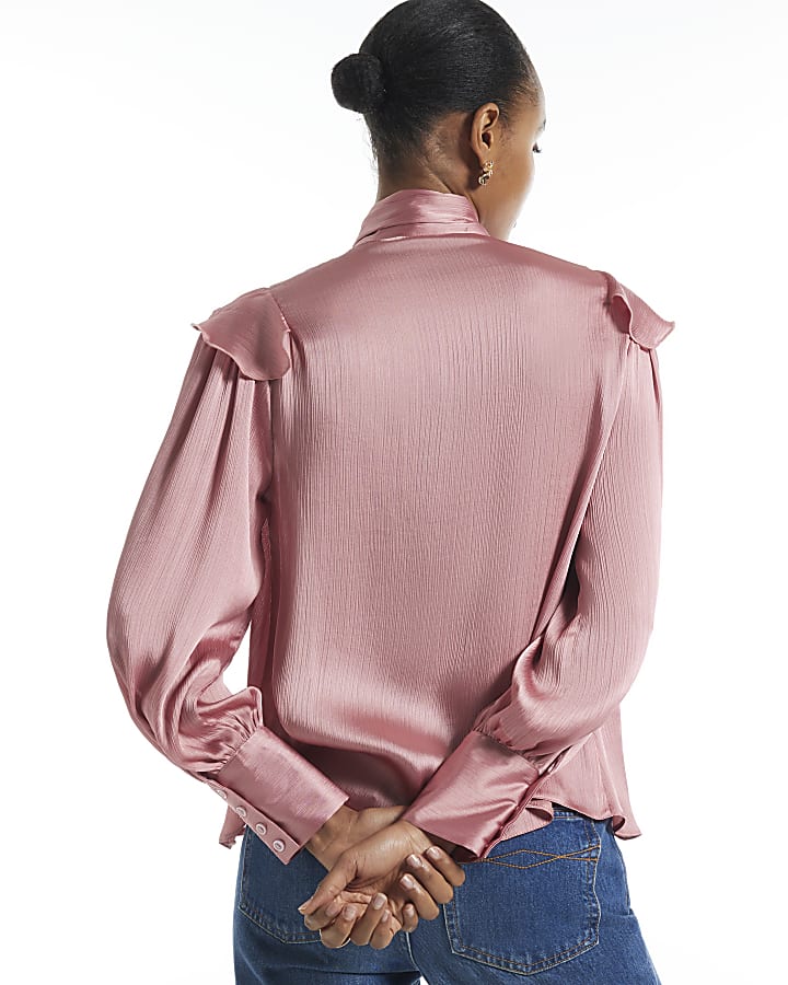 Pink Crinkle Satin Pussybow Blouse