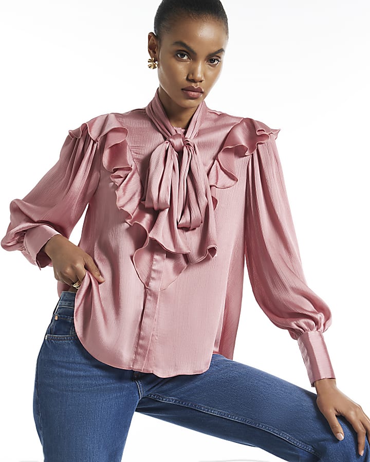 Pink Crinkle Satin Pussybow Blouse