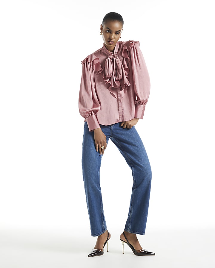 Pink Crinkle Satin Pussybow Blouse