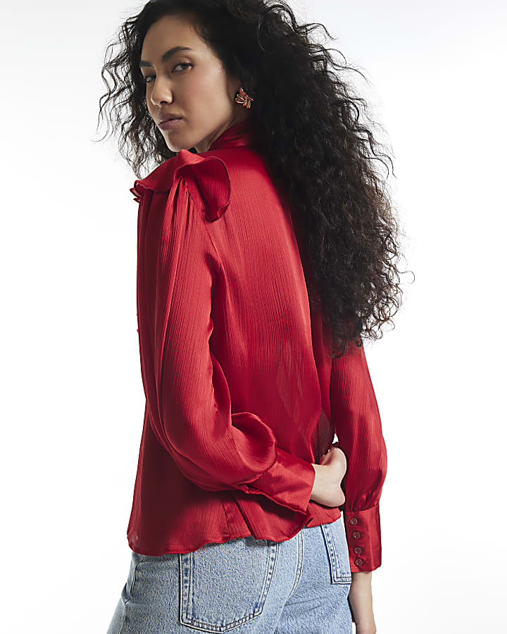 Red Crinkle Satin Pussybow Blouse