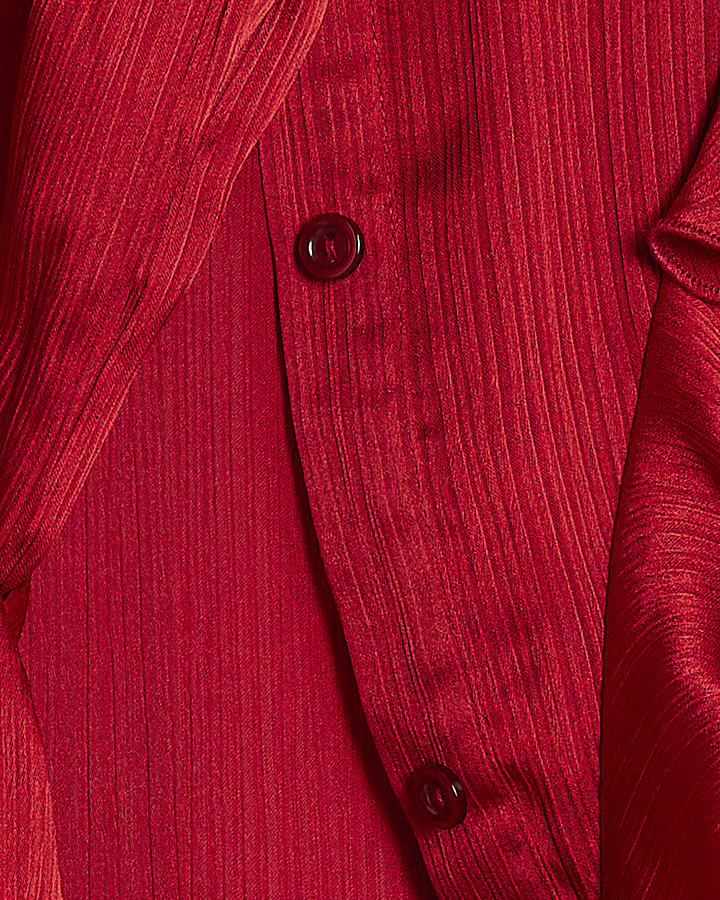 Red Crinkle Satin Pussybow Blouse