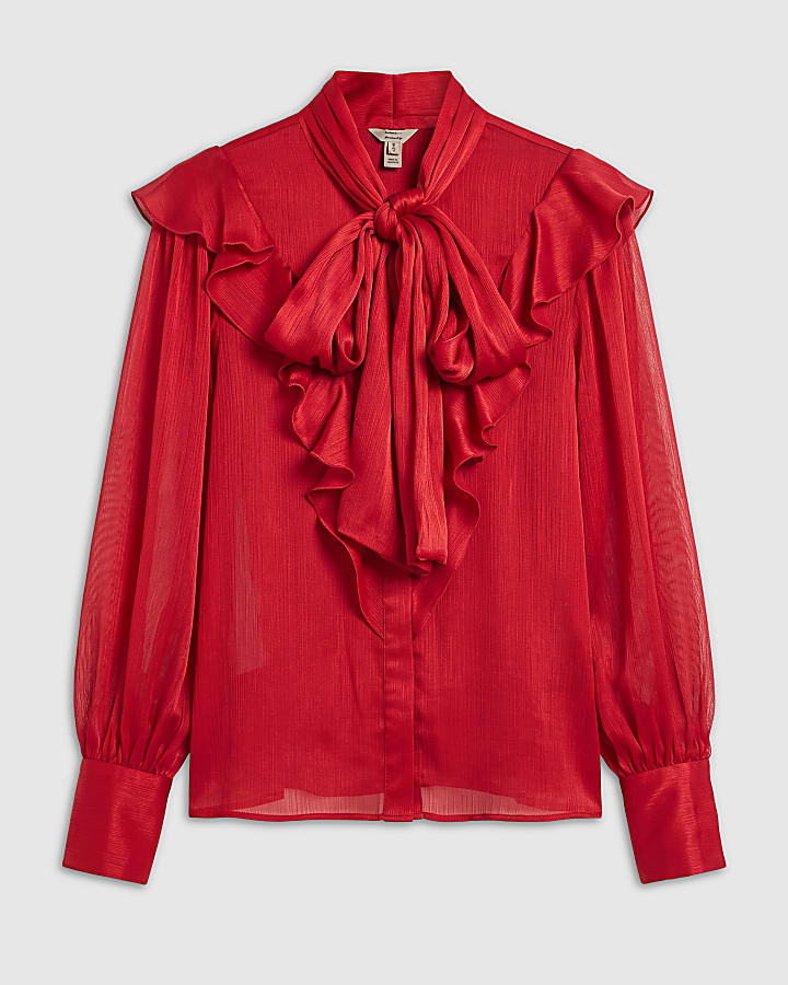 Red Crinkle Satin Pussybow Blouse