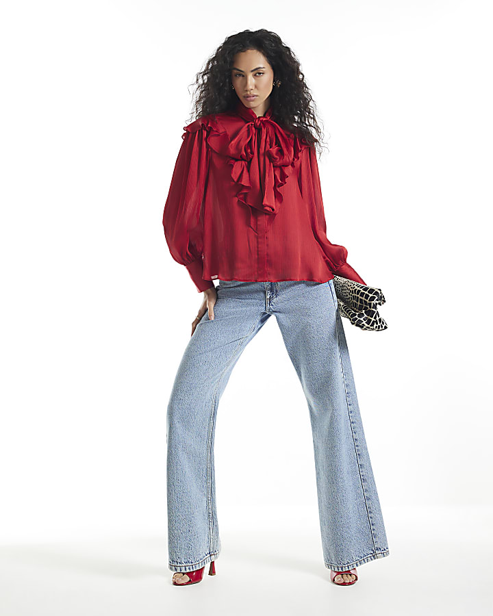 Red Crinkle Satin Pussybow Blouse