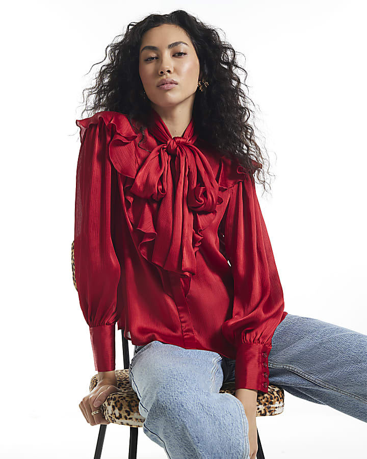 Red Crinkle Satin Pussybow Blouse