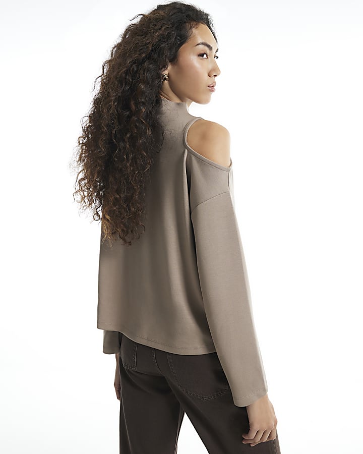 Beige Premium Cut Out Shoulder Sweatshirt