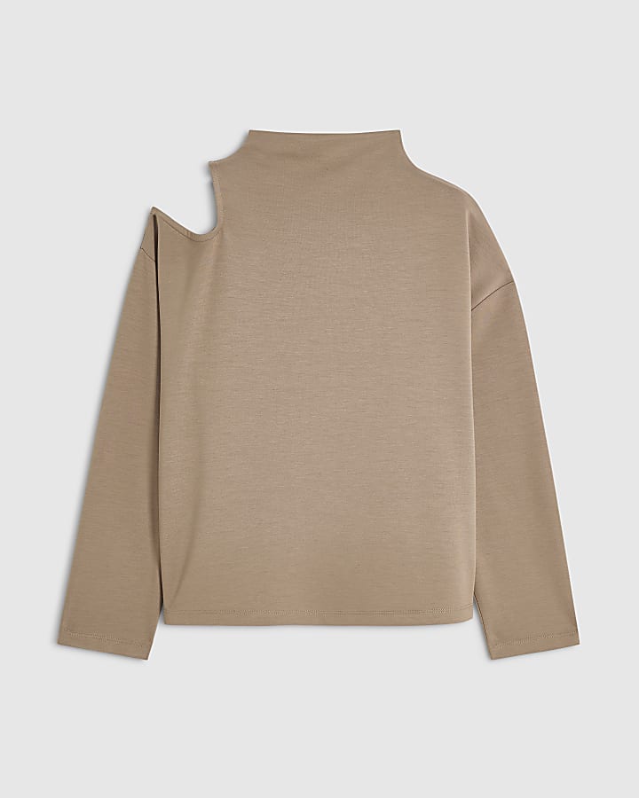 Beige Premium Cut Out Shoulder Sweatshirt