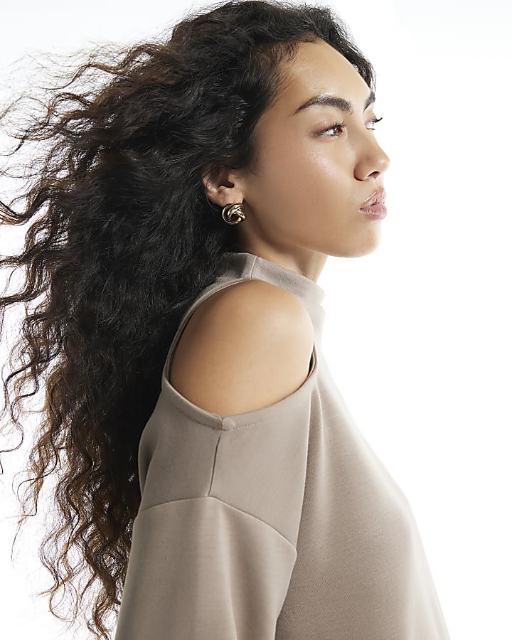 Beige Premium Cut Out Shoulder Sweatshirt