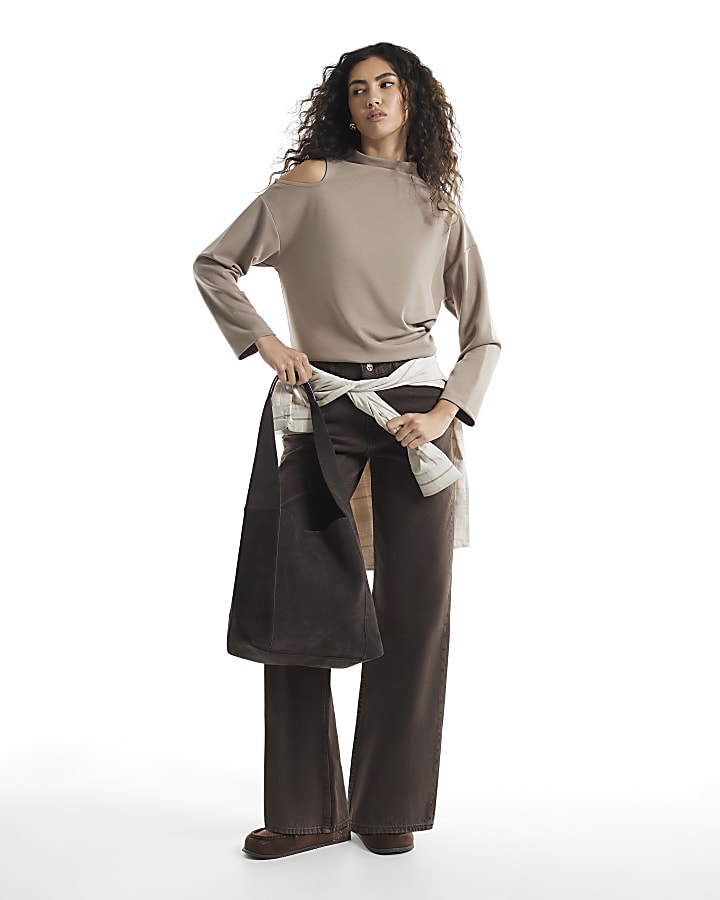Beige Premium Cut Out Shoulder Sweatshirt