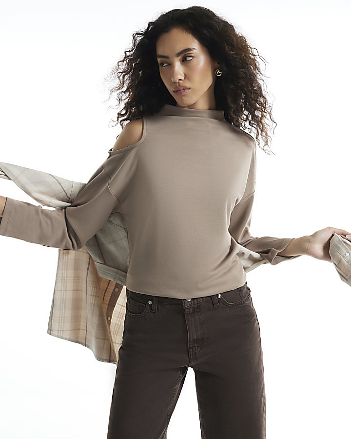 Beige Premium Cut Out Shoulder Sweatshirt
