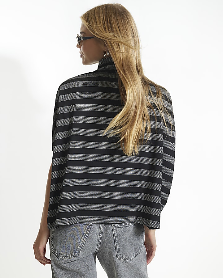 Silver Funnel Neck Metallic Stripe Cape Top