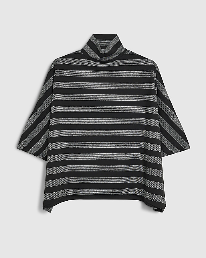 Silver Funnel Neck Metallic Stripe Cape Top