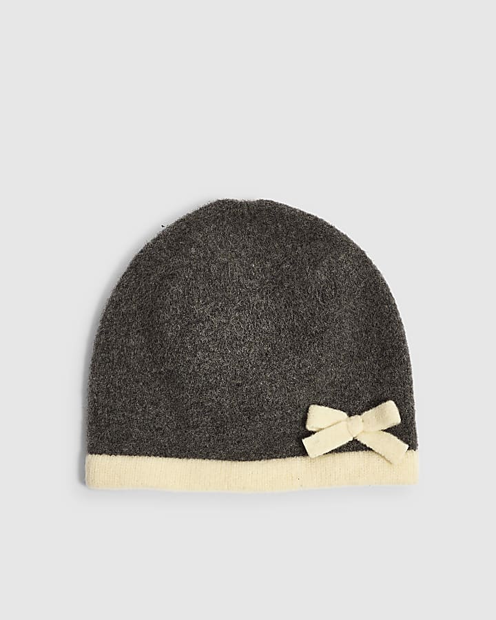 Grey Bow Knitted Beanie Hat