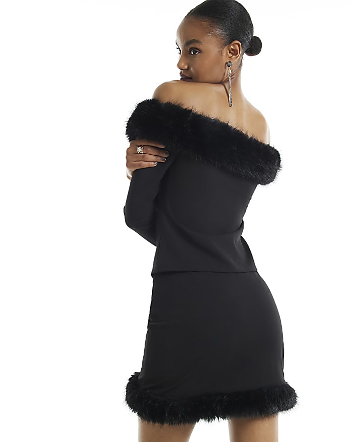 Black Faux Fur Trim Long Sleeve Bardot Top