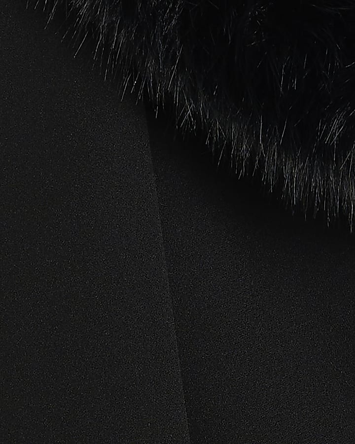 Black Faux Fur Trim Long Sleeve Bardot Top