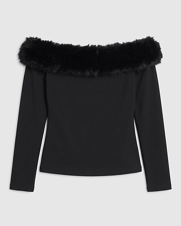 Black Faux Fur Trim Long Sleeve Bardot Top