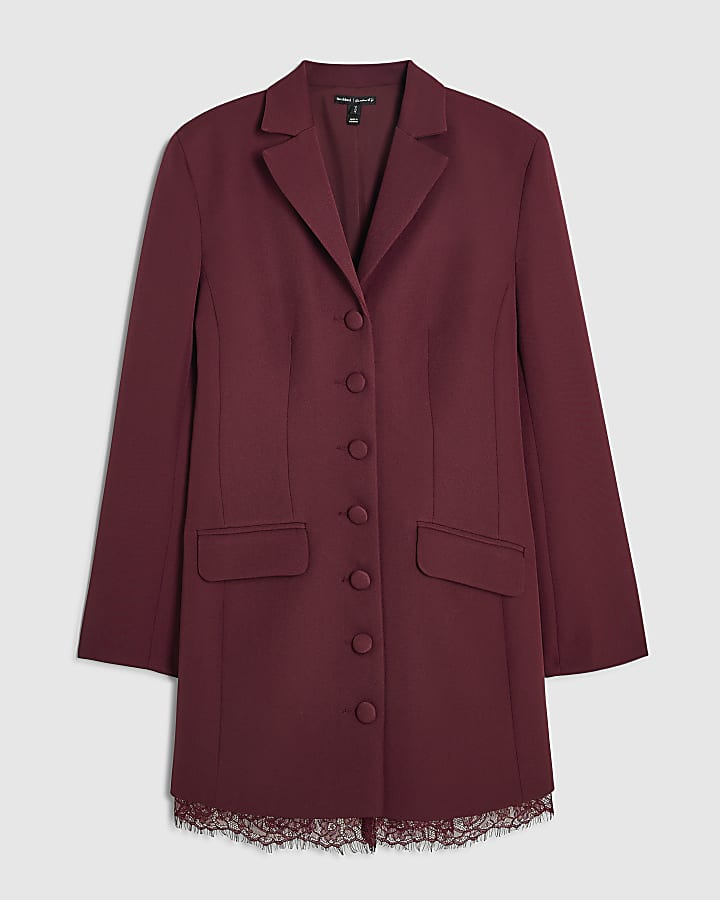 Burgundy Lace Trim Blazer Dress