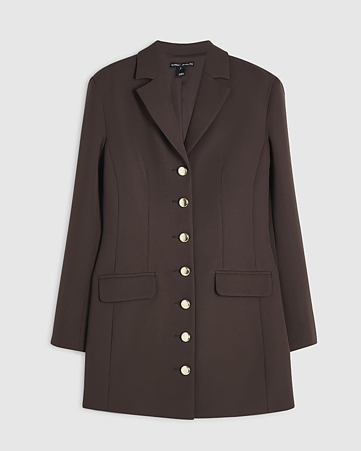 Brown Button Down Lace Trim Blazer Dress