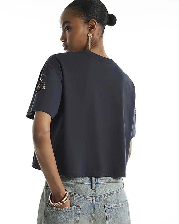 Black Cotton Cosmic Embroidered T-Shirt