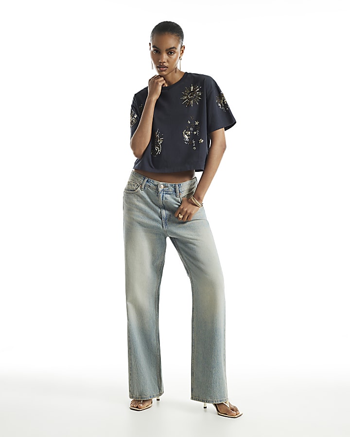 Black Cotton Cosmic Embroidered T-Shirt