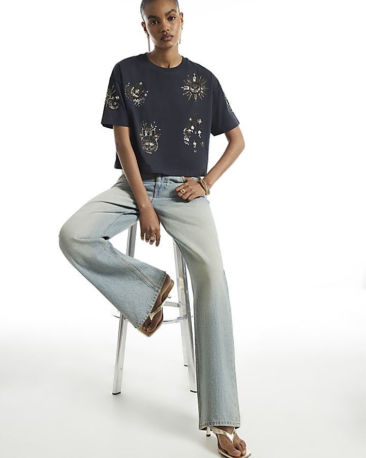 Black Cotton Cosmic Embroidered T-Shirt