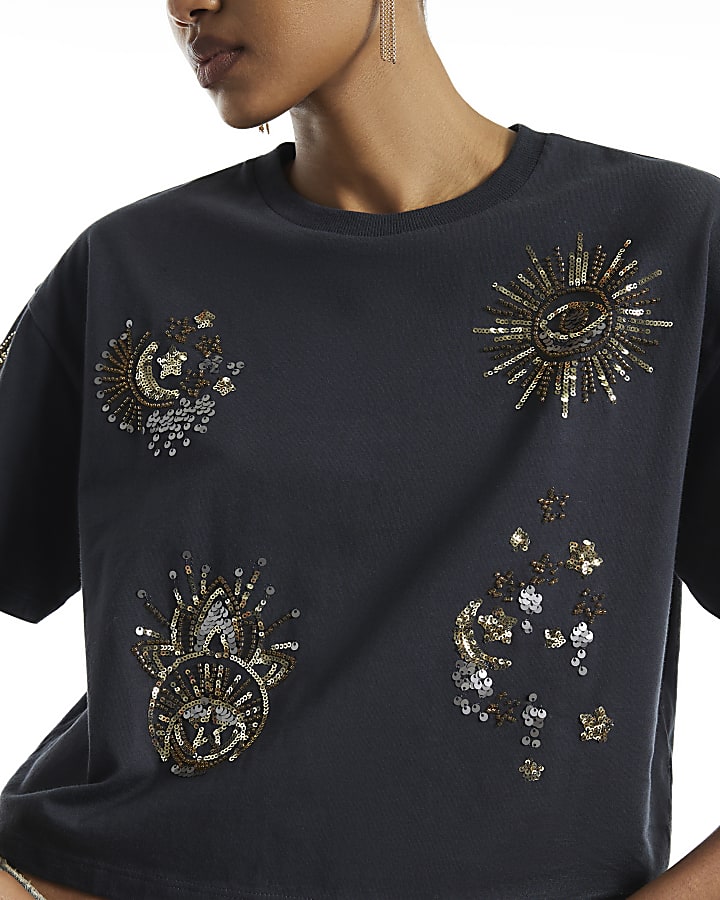 Black Cotton Cosmic Embroidered T-Shirt
