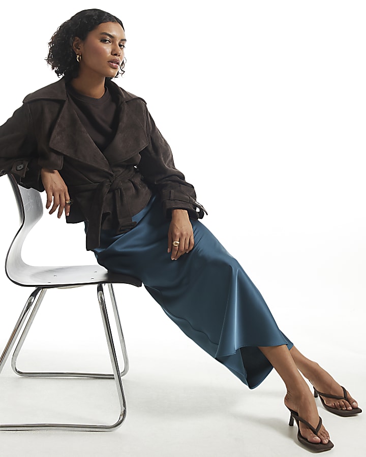 Blue Satin Bias Maxi Skirt
