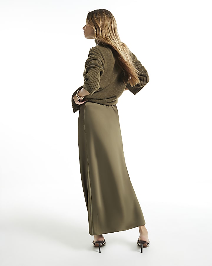 Khaki Satin Bias Maxi Skirt